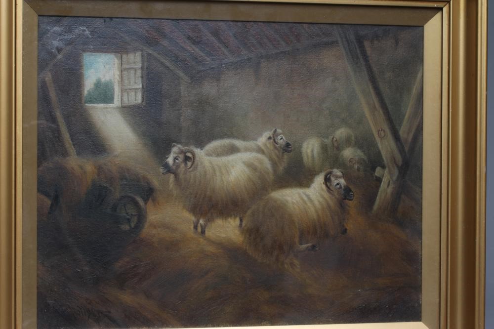 WILLIAM PERRING HOLLYER (1834-1922) Sheep in a Stable, signed lower left, inscribed verso with Image