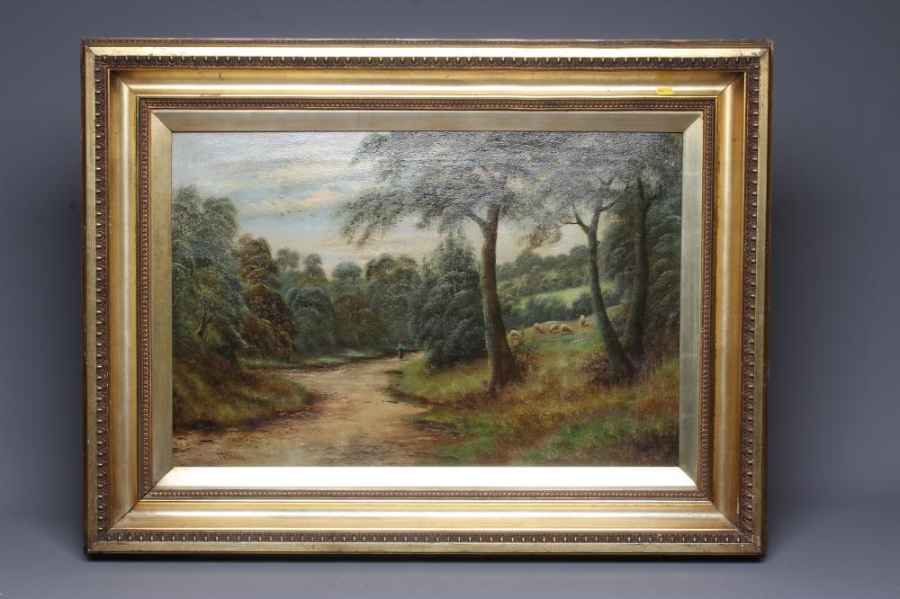 BRITISH SCHOOL (Late 19th Century) Figure on a Woodland Track, signed lower left, oil on canvas, 20 Image