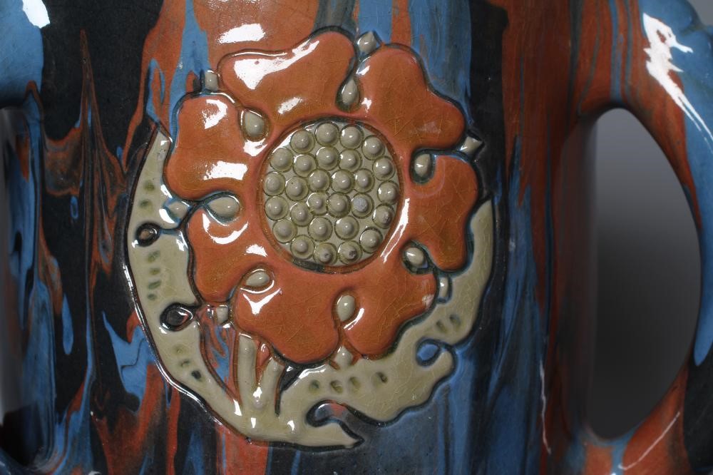 A LATE VICTORIAN ELTONWARE LARGE CYLINDRICAL TYG slip decorated in browns, green and blues with Image