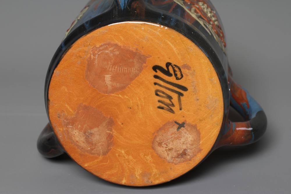 A LATE VICTORIAN ELTONWARE LARGE CYLINDRICAL TYG slip decorated in browns, green and blues with Image