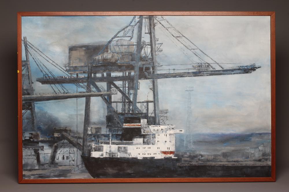 BRITISH SCHOOL (21st Century) Merchant Ship at the Docks, oil on canvas, 32" x 48 1/2", modern frame Image