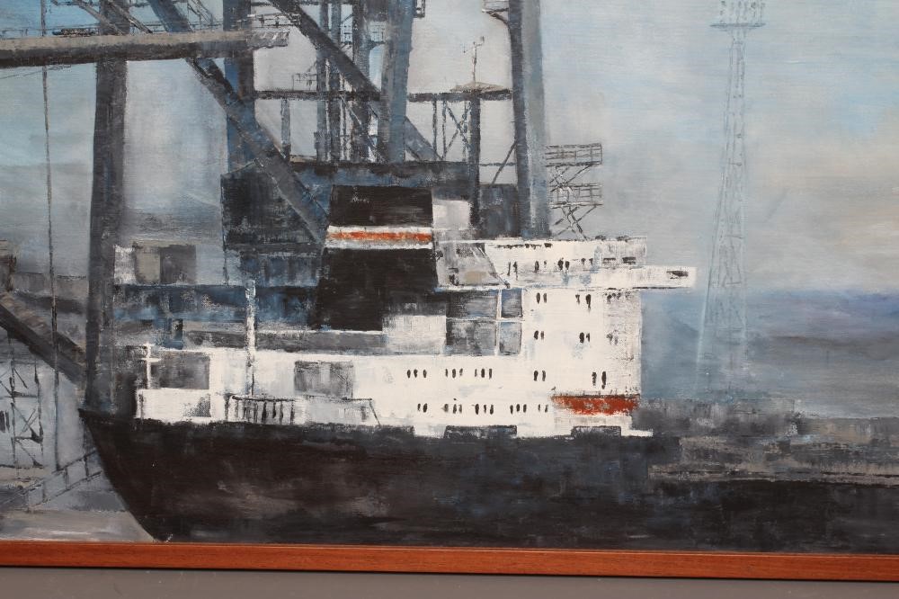 BRITISH SCHOOL (21st Century) Merchant Ship at the Docks, oil on canvas, 32" x 48 1/2", modern frame Image