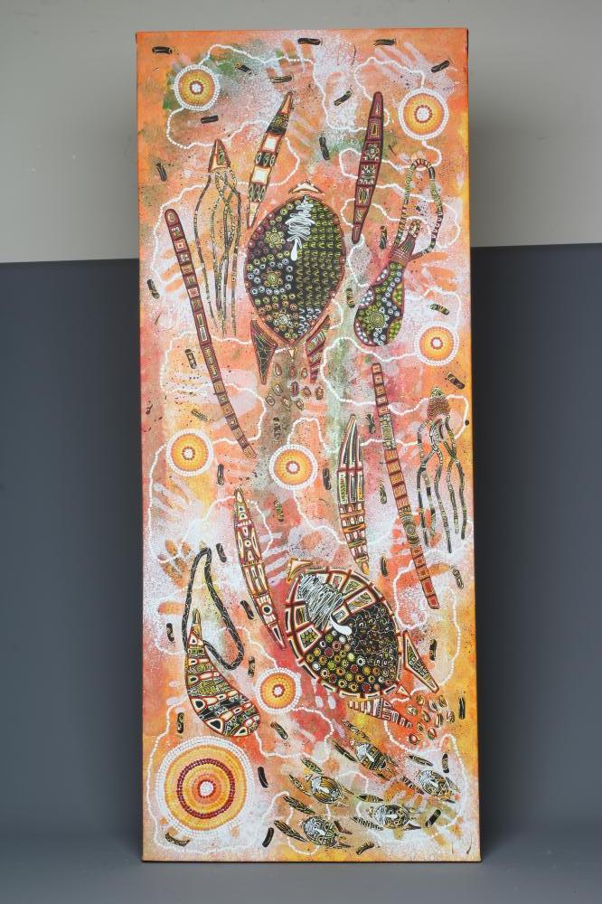 KAREN MUNDEJAH WALLACE (Australian, b.1951) Turtles, signed verso, acrylic on linen, 58 1/2" x 23 Image