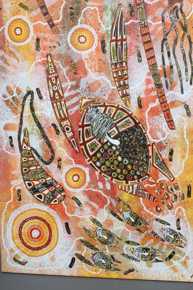 KAREN MUNDEJAH WALLACE (Australian, b.1951) Turtles, signed verso, acrylic on linen, 58 1/2" x 23 Image