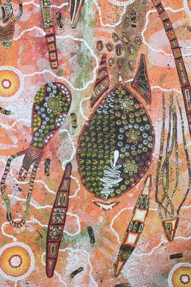 KAREN MUNDEJAH WALLACE (Australian, b.1951) Turtles, signed verso, acrylic on linen, 58 1/2" x 23 Image