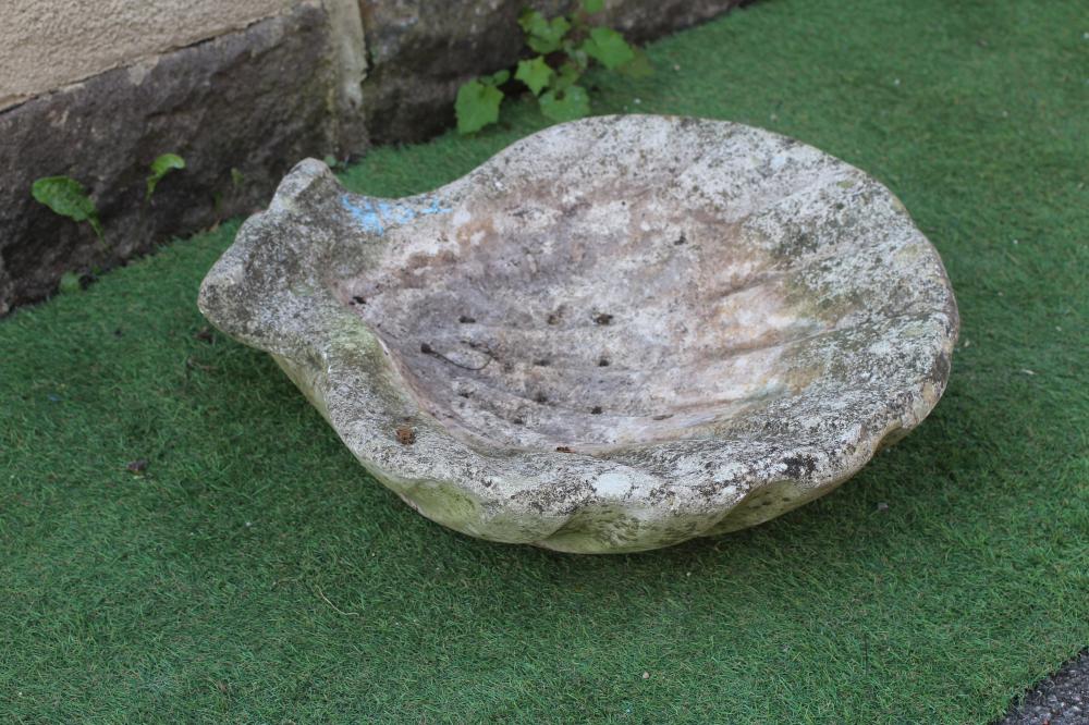 A CAST STONE ESCALLOP SHELL BIRD BATH, 25 1/2" w x 25" d x 7" h (Est. plus 24% premium inc. VAT) Image