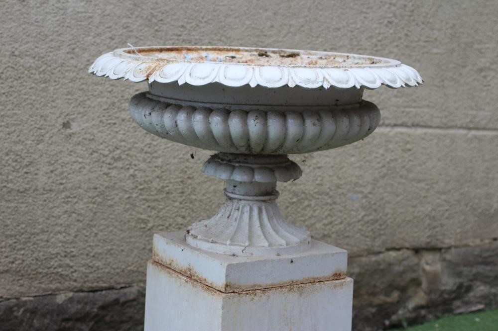 A CAST IRON CAMPANA URN ON STAND, the shallow half fluted bowl with ovolo rim and fluted socle, Image