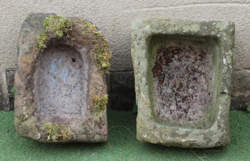 A SANDSTONE TROUGH of rough hewn tapering oblong form, 20 1/2" w x 17" d x 8 1/2" h, together with a Image