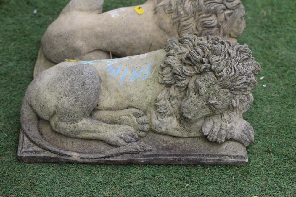 A PAIR OF CAST STONE RECUMBENT LIONS, after Antonio Canova, each on oblong base, 15 1/2" w x 9" d x Image