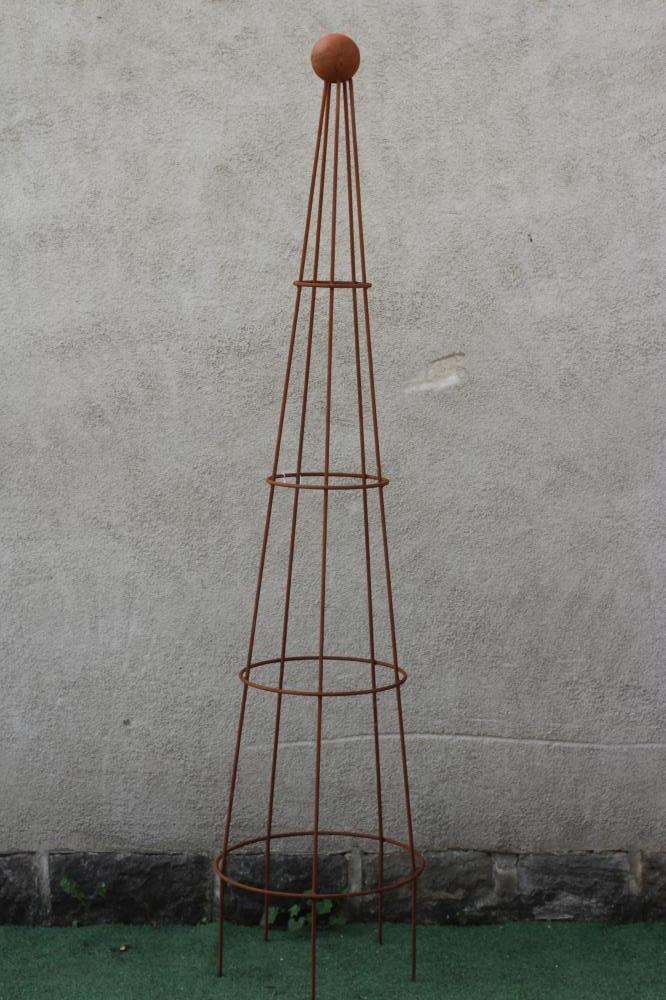 A HAND FORGED WROUGHT IRON CONICAL PLANT SUPPORT with ball finial, 21" w x 94" h (Est. plus 24% Image