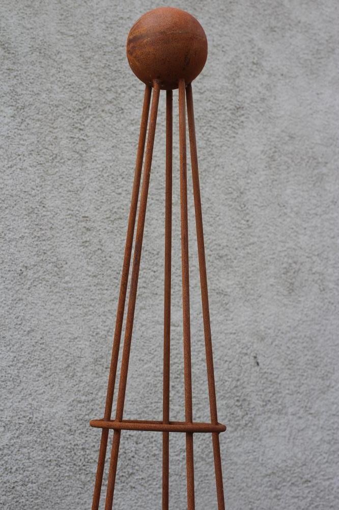 A HAND FORGED WROUGHT IRON CONICAL PLANT SUPPORT with ball finial, 21" w x 94" h (Est. plus 24% Image
