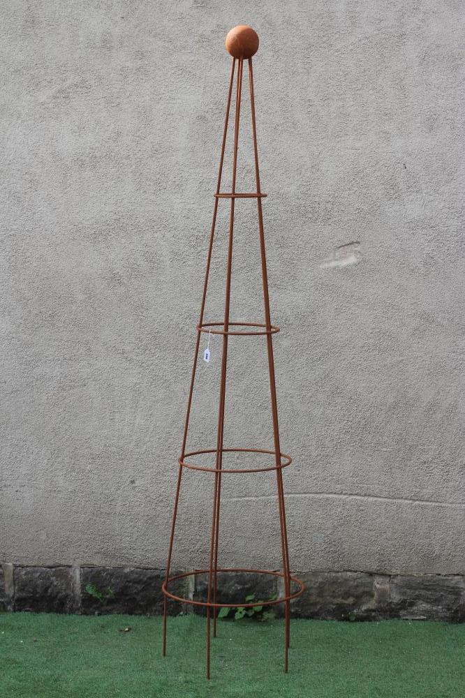 A HAND FORGED WROUGHT IRON CONICAL PLANT SUPPORT with ball finial, 21" w x 94" h (Est. plus 24% Image