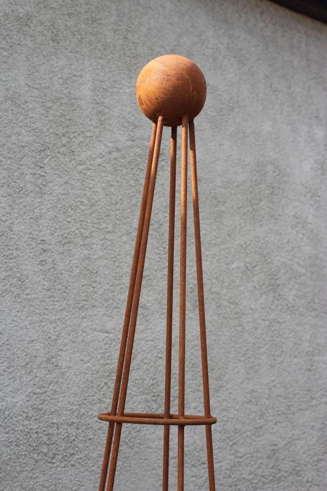 A HAND FORGED WROUGHT IRON CONICAL PLANT SUPPORT with ball finial, 21" w x 94" h (Est. plus 24% Image
