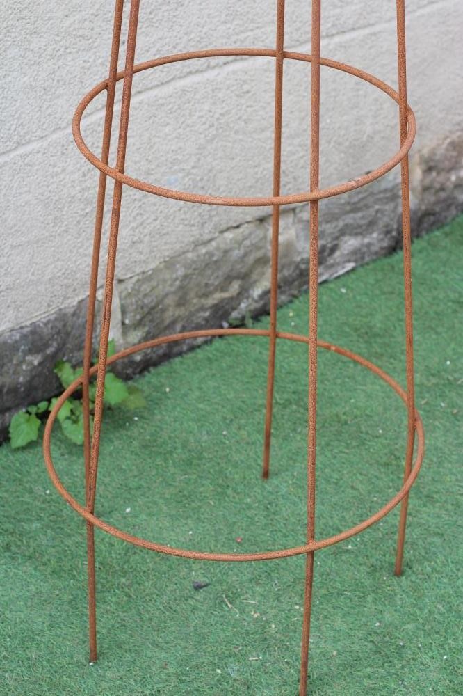 A HAND FORGED WROUGHT IRON CONICAL PLANT SUPPORT with ball finial, 21" w x 94" h (Est. plus 24% Image