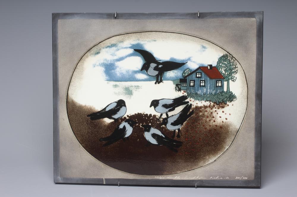 HELJÄ LIUKKO-SUNDSTRÖM FOR ARABIA - An oblong plaque painted with six magpies before a cottage Image