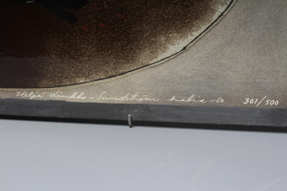 HELJÄ LIUKKO-SUNDSTRÖM FOR ARABIA - An oblong plaque painted with six magpies before a cottage Image
