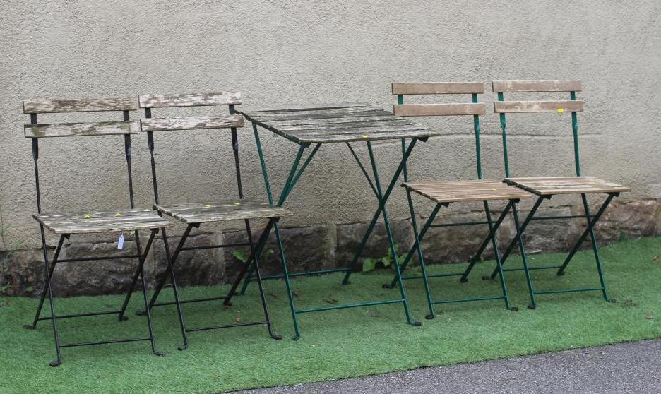 A BISTRO FOLDING TABLE AND CHAIR SET, the metal frames with slatted wood, comprising oblong table, Image