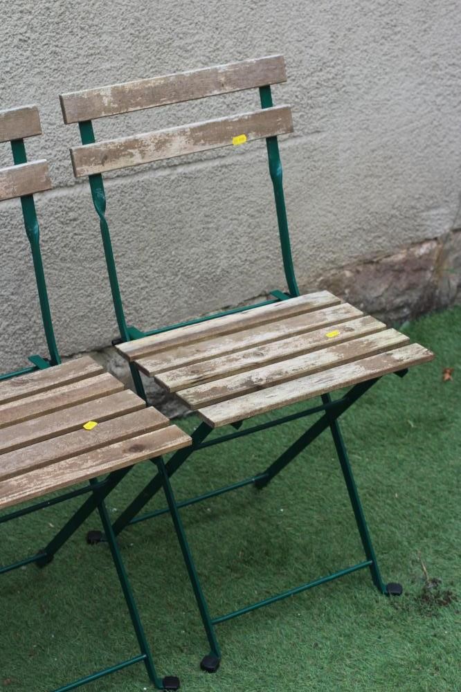 A BISTRO FOLDING TABLE AND CHAIR SET, the metal frames with slatted wood, comprising oblong table, Image