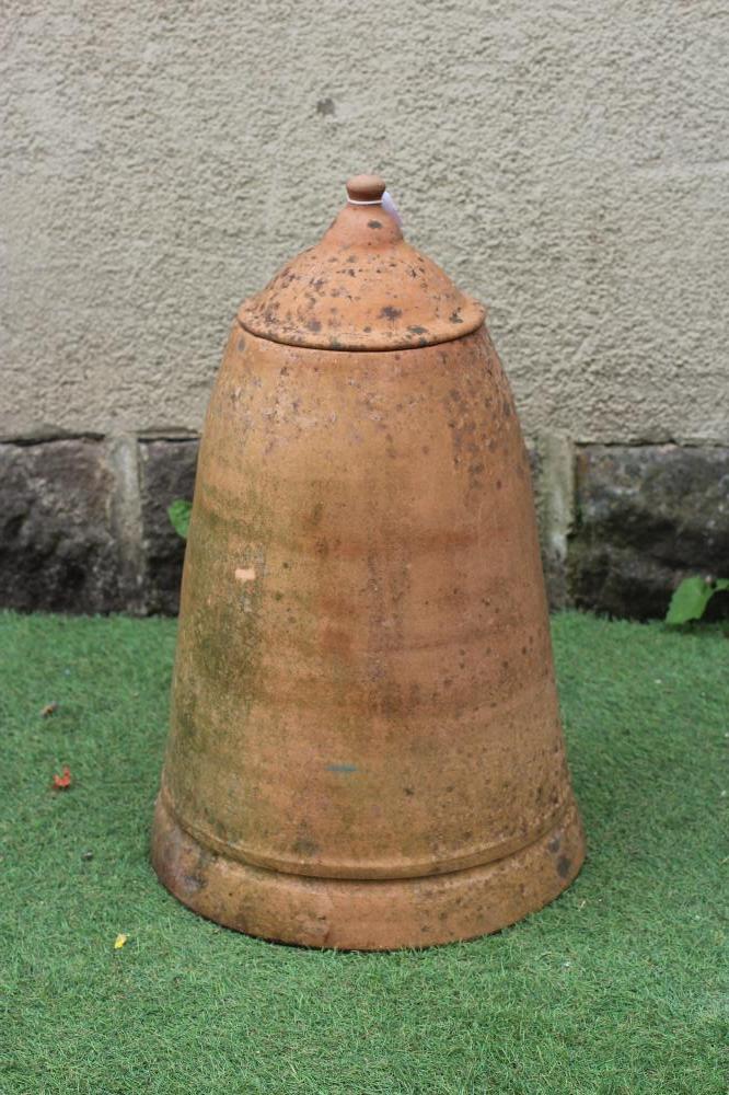 A TERRACOTTA RHUBARB FORCER of tapering form, the domed lid with turned knop, 16" w x 26" h Image