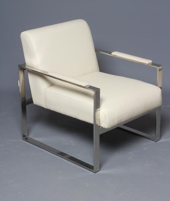A CHROME AND CREAM LEATHERETTE ARMCHAIR, modern, the square section frame with padded arms, 23" w x Image