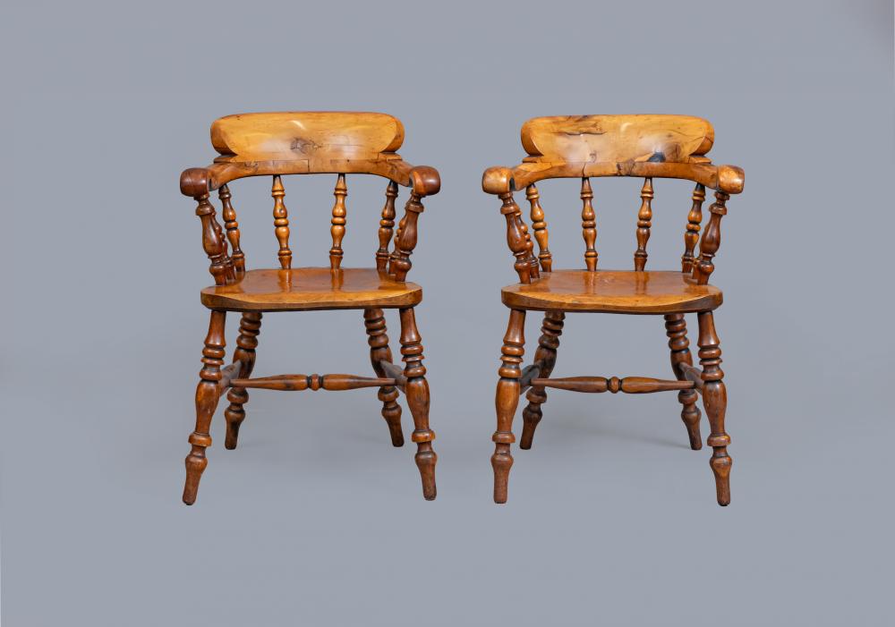 A PAIR OF VICTORIAN YEW WOOD SMOKER'S BOW ARMCHAIRS Image