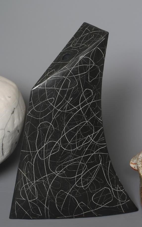 LORETTA BRAGANZA (b.1990) An abstract shaped triangular stoneware sculpture with white incising on a Image