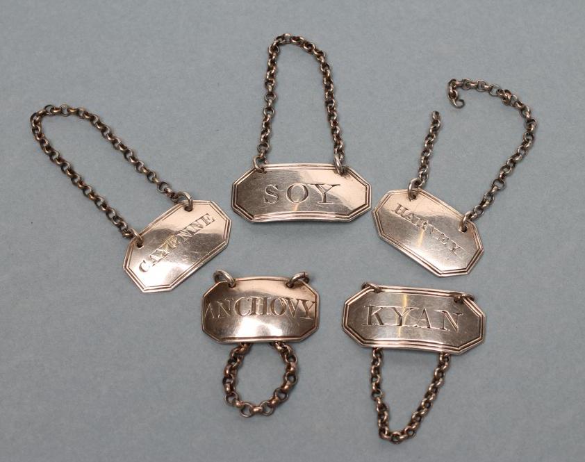 FIVE VARIOUS SILVER SAUCE BOTTLE LABELS Image