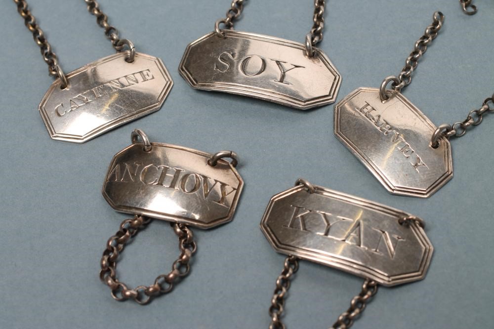 FIVE VARIOUS SILVER SAUCE BOTTLE LABELS Image