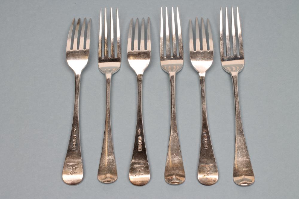*A SET OF SIX LATE GEORGE III SILVER TABLE FORKS Image