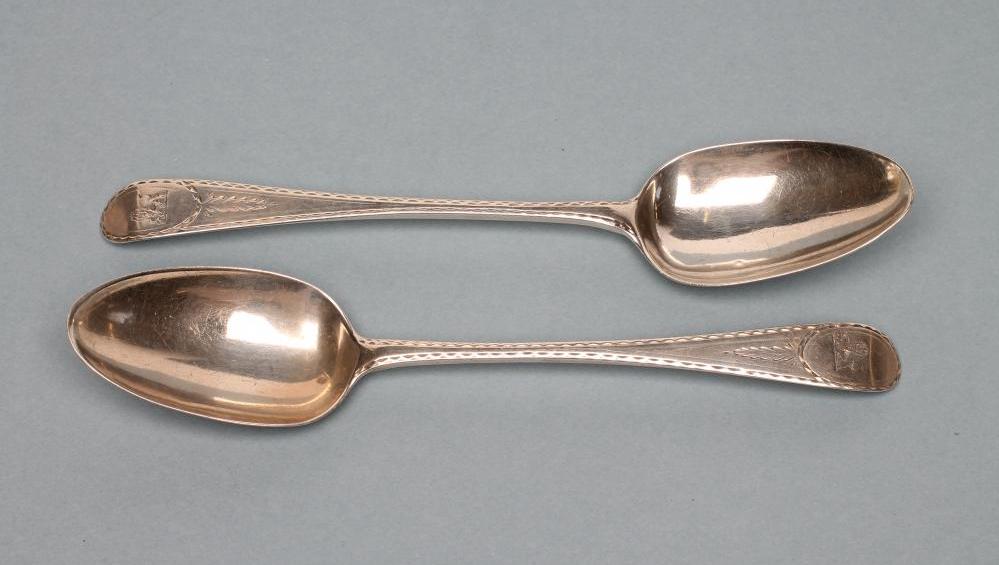 A PAIR OF GEORGE III IRISH SILVER TABLESPOONS Image
