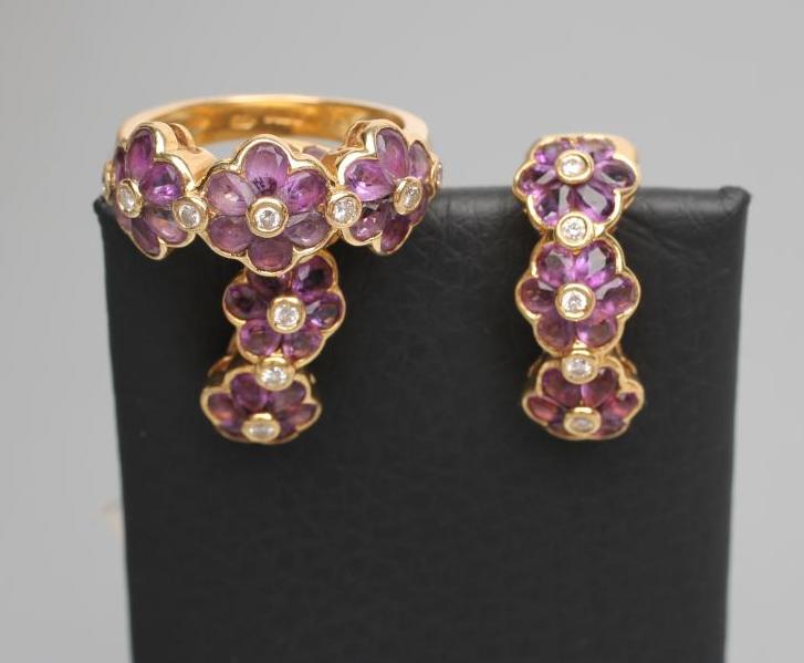 AN AMETHYST AND DIAMOND RING with matching French clip earrings Image
