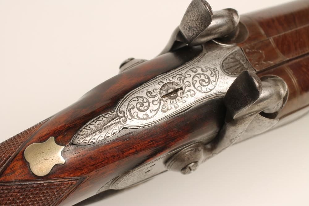 A PERCUSSION DOUBLE BARRELLED SPORTING GUN Image