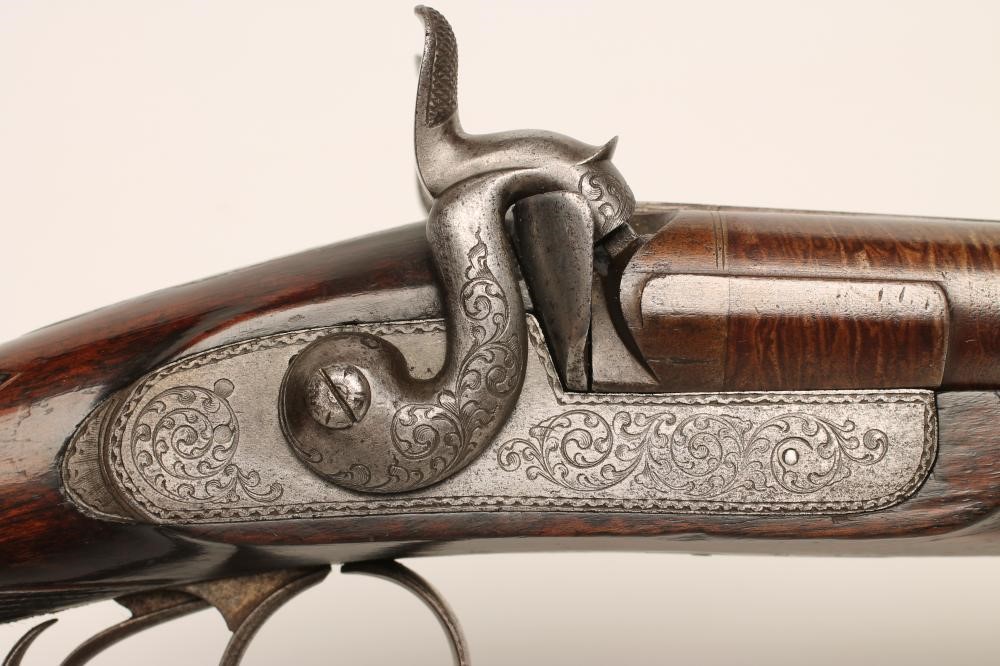 A PERCUSSION DOUBLE BARRELLED SPORTING GUN Image