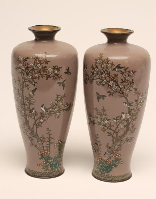 A PAIR OF JAPANESE CLOISONNE ENAMEL VASES of rounded cylindrical form Image