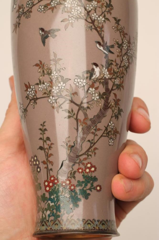 A PAIR OF JAPANESE CLOISONNE ENAMEL VASES of rounded cylindrical form Image