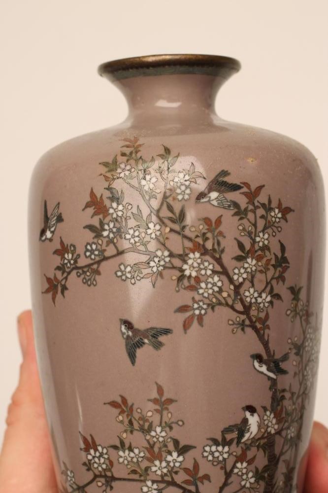 A PAIR OF JAPANESE CLOISONNE ENAMEL VASES of rounded cylindrical form Image