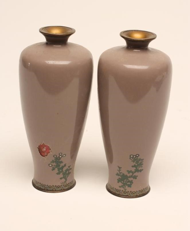 A PAIR OF JAPANESE CLOISONNE ENAMEL VASES of rounded cylindrical form Image