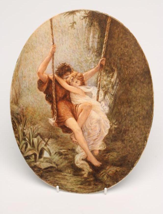 A LATE VICTORIAN ENGLISH CHINA DOUBLE SIDED OVAL PLAQUE painted in sombre colours after Pierre Image