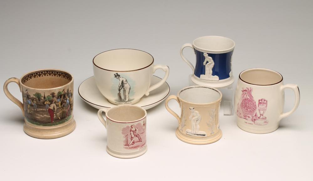 OF CRICKETING INTEREST - A Victorian pottery mug printed in puce Image
