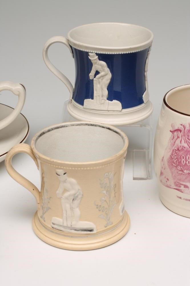 OF CRICKETING INTEREST - A Victorian pottery mug printed in puce Image
