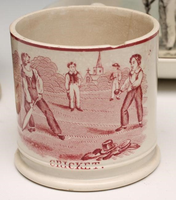 OF CRICKETING INTEREST - A Victorian pottery mug printed in puce Image