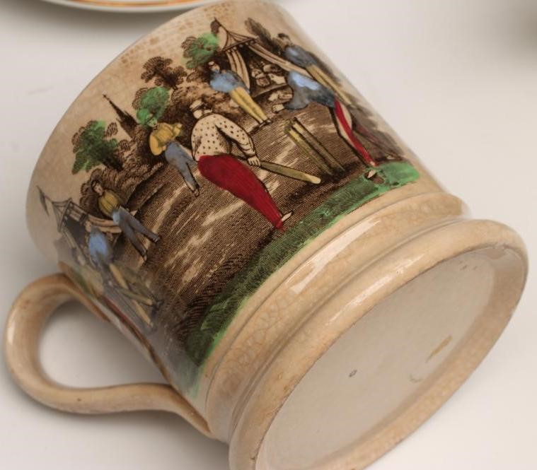 OF CRICKETING INTEREST - A Victorian pottery mug printed in puce Image