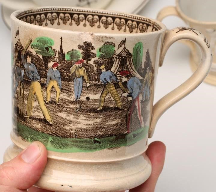 OF CRICKETING INTEREST - A Victorian pottery mug printed in puce Image
