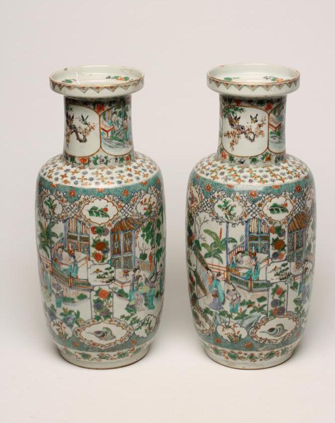 A PAIR OF CHINESE PORCELAIN ROULEAU VASES painted in famille verte enamels with panels enclosing Image