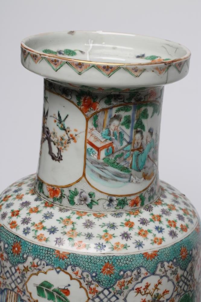 A PAIR OF CHINESE PORCELAIN ROULEAU VASES painted in famille verte enamels with panels enclosing Image