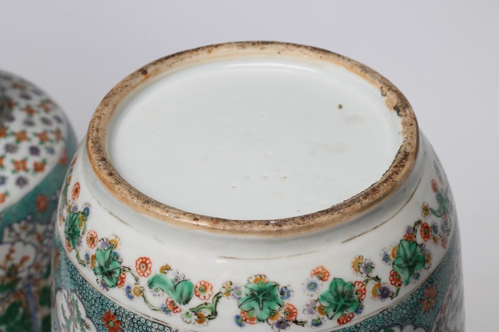 A PAIR OF CHINESE PORCELAIN ROULEAU VASES painted in famille verte enamels with panels enclosing Image