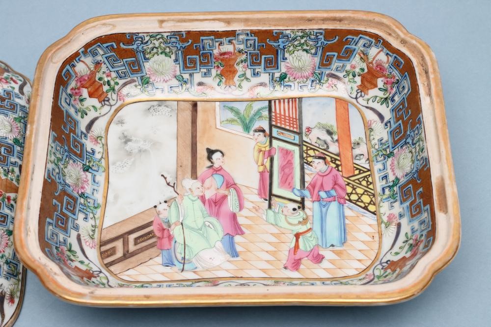 A CANTONESE PORCELAIN OBLONG VEGETABLE TUREEN AND COVER with re-entrant corners Image