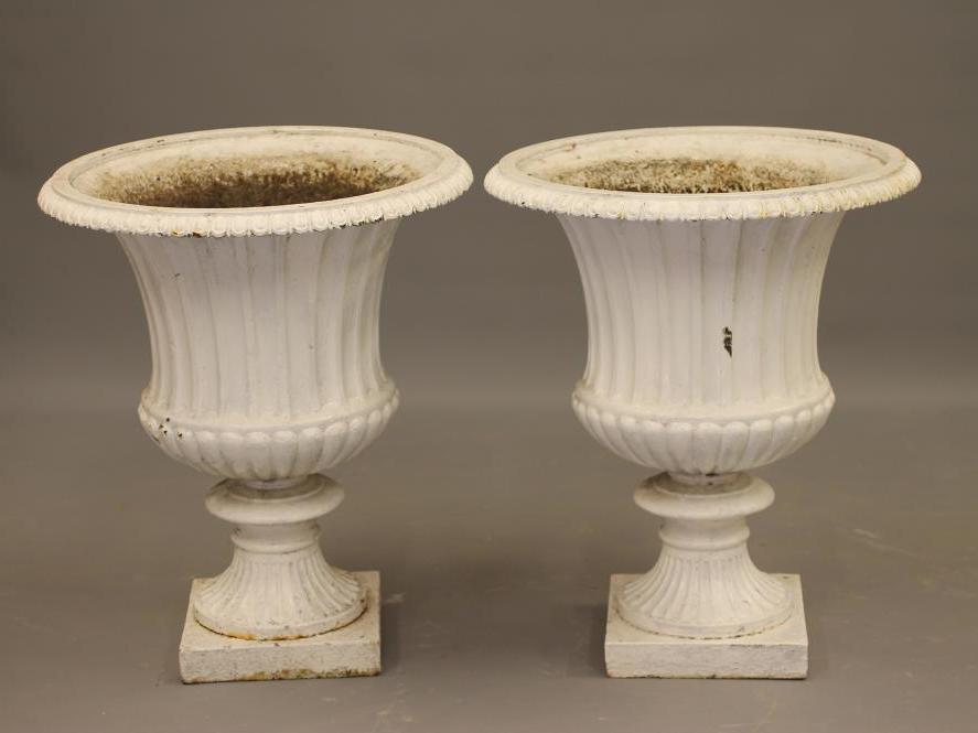A PAIR OF VICTORIAN CAST IRON GARDEN URNS of half fluted campana form with egg and dart moulded rim Image