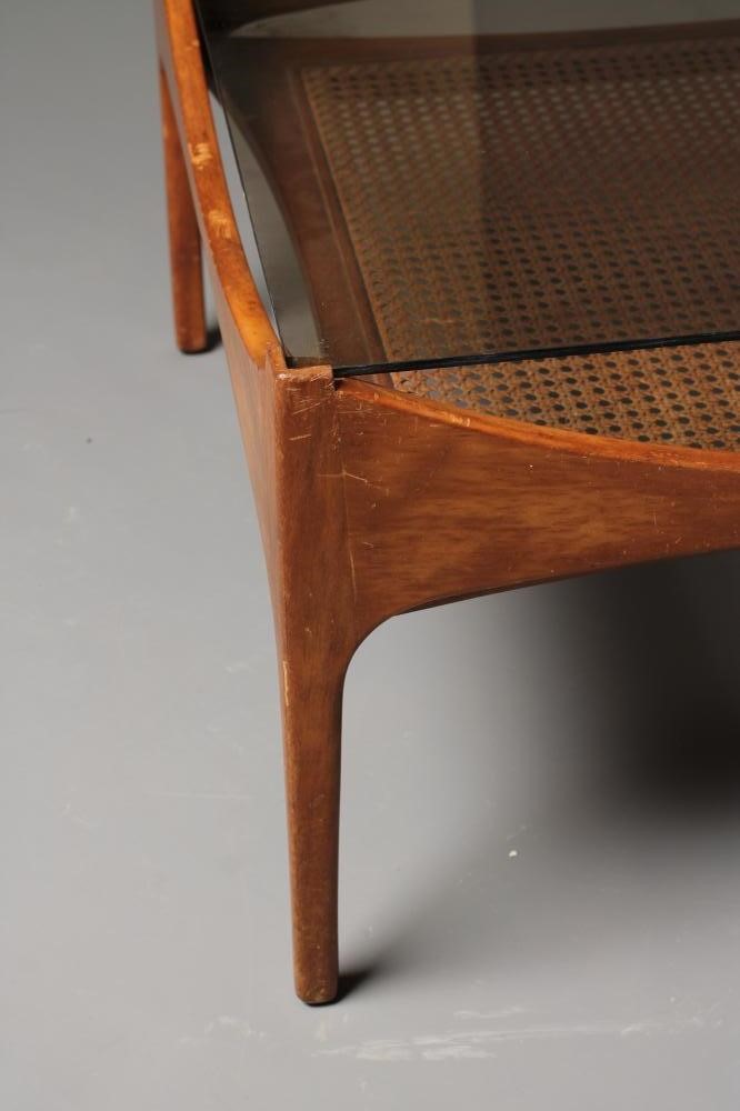 A RETRO "S" FORM TEAK COFFEE TABLE of square form with insert smoke glass top Image