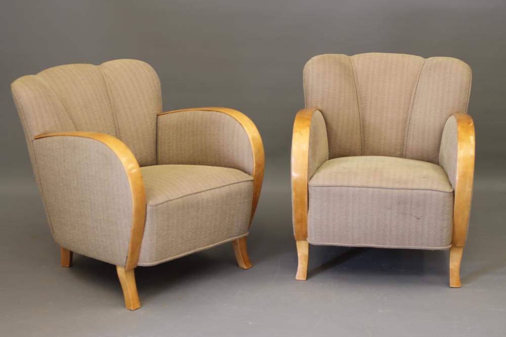 A PAIR OF SWEDISH ART DECO STYLE MAPLE AND BEECH ARMCHAIRS upholstered in a pale brown/lemon  weave Image